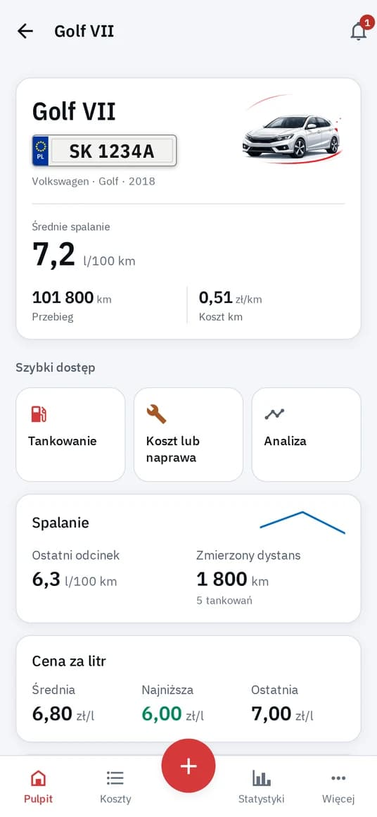Pulpit pojazdu w aplikacji motostat: spalanie 7,2 l/100 km, przebieg 101 800 km, koszt 0,51 zł/km